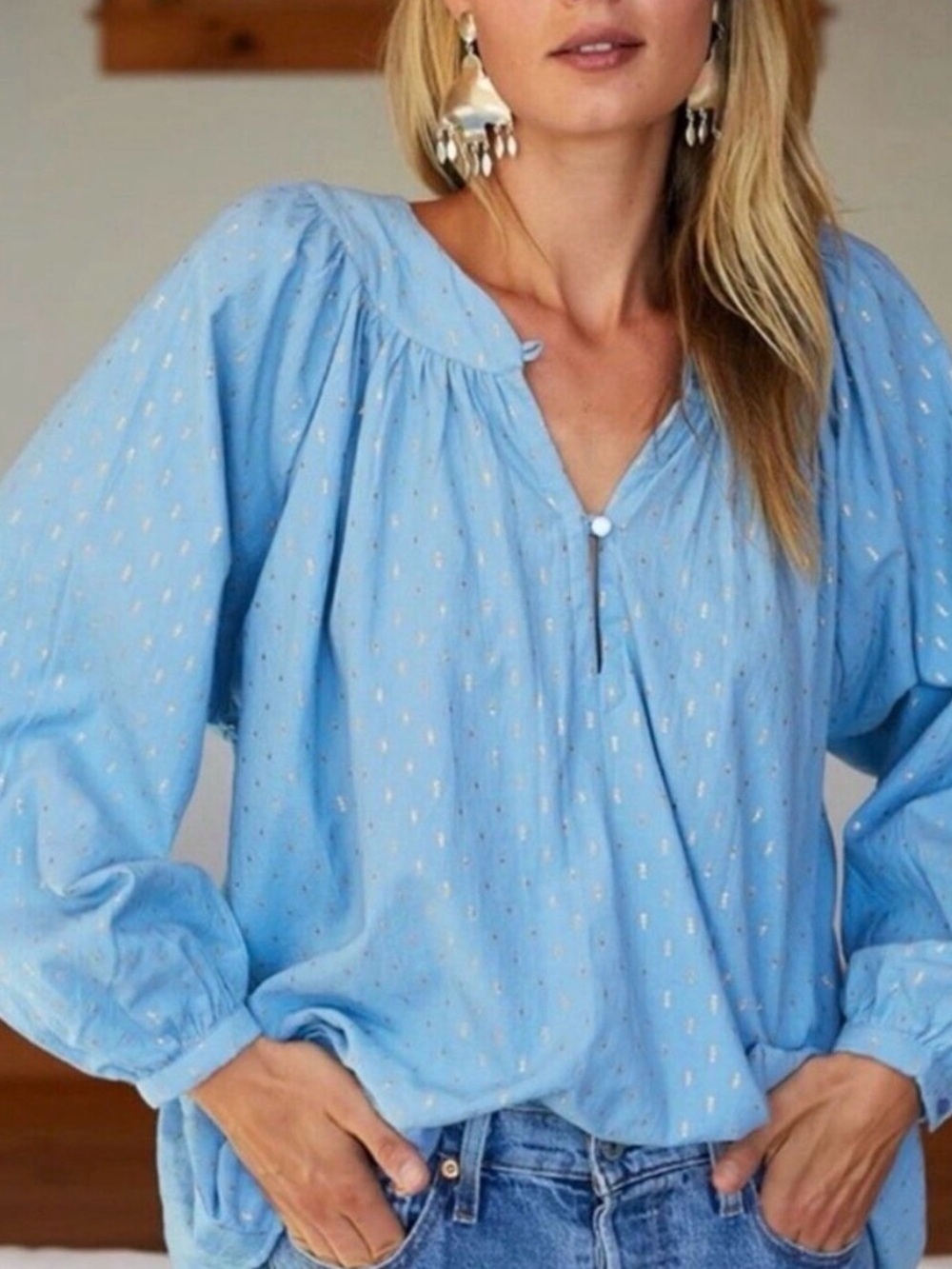 Emerson Fry Sky Blue Blouse with Metallic Dot Accents